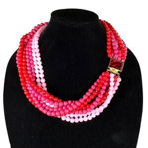 Hattie Carnegie Vintage Pink Red Glass Bead Statement Necklace 1950s Signed